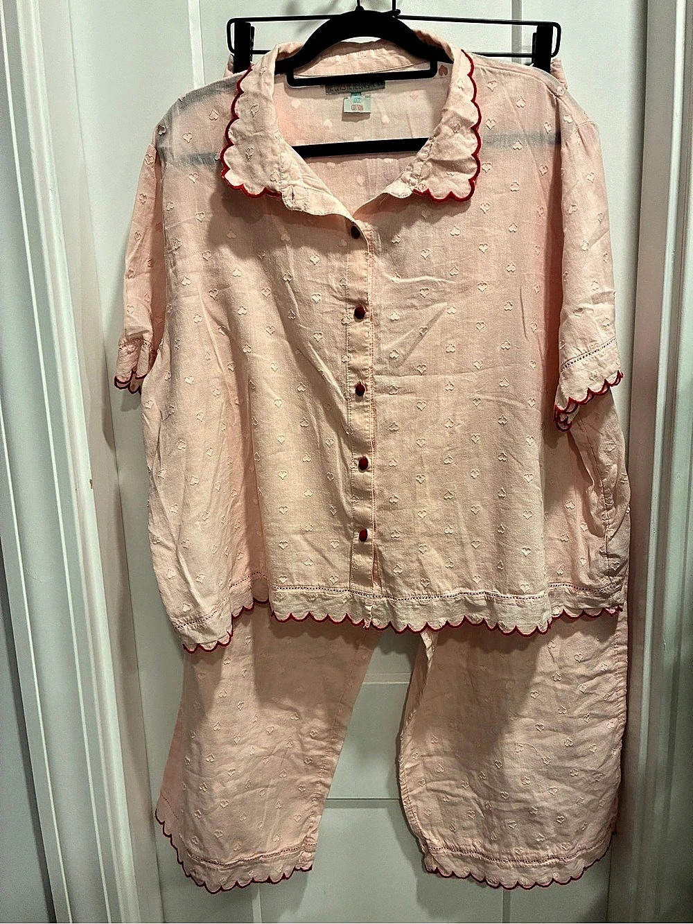 He Loves Me He Loves Me Not Embroidered Cotton Pajama Set in Pink XL Like New